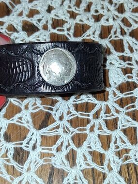 Black Leather Cuff Bracelet with Coin Accent